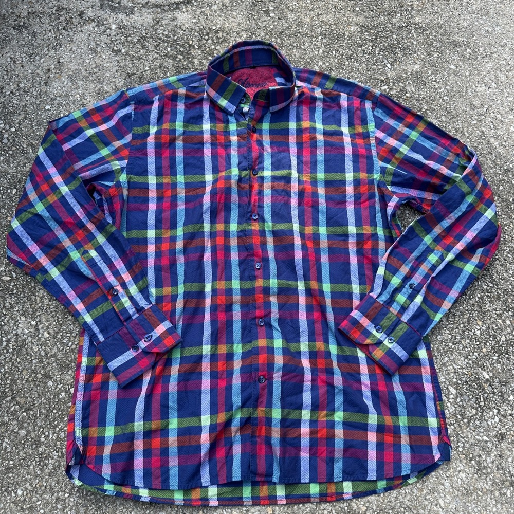 Visconti Milano Mens Large Multicolor Plaid Jacquard Cotton Button Down Shirt